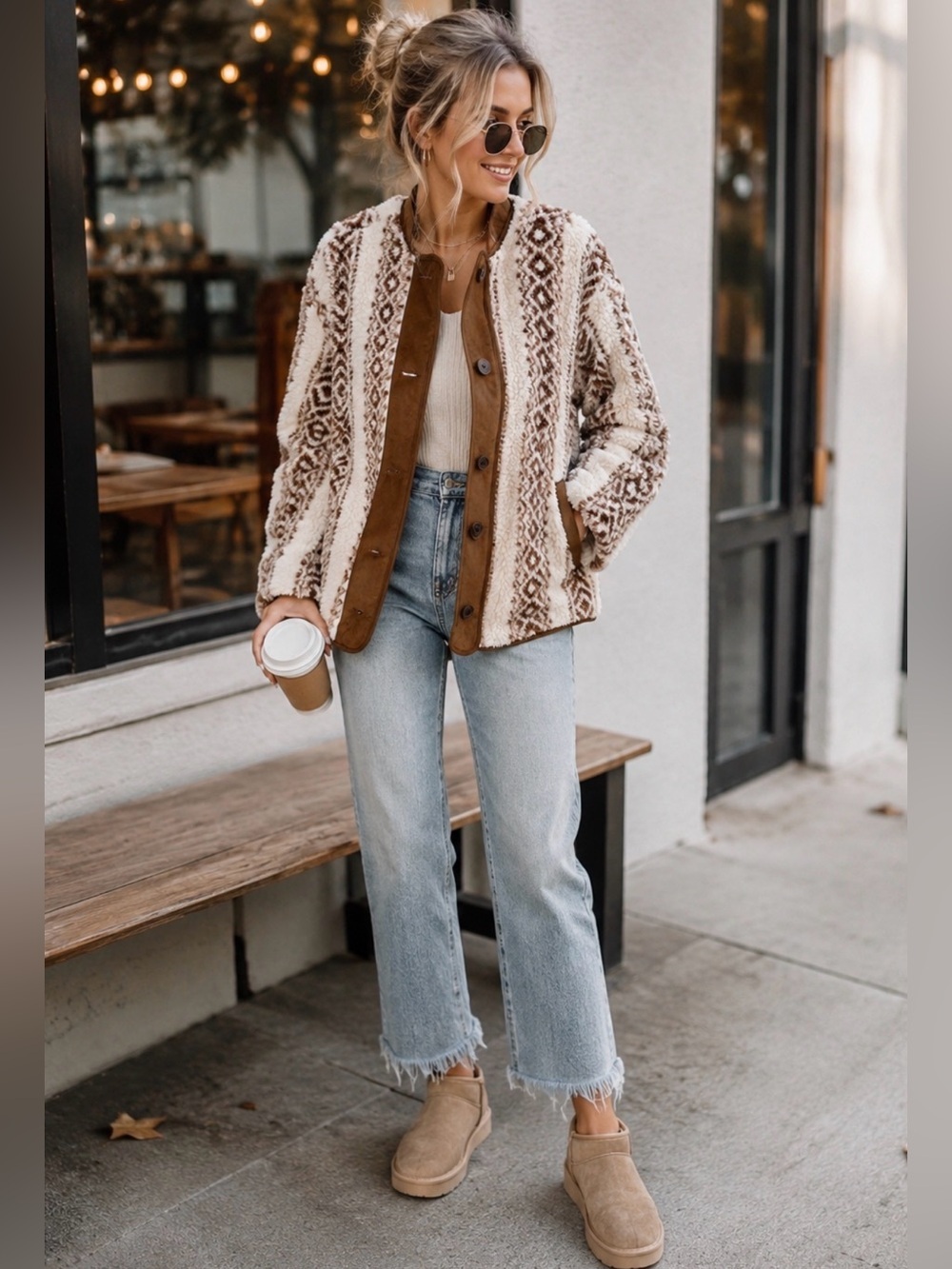 Old Navy Cream and Brown Button Front Teddy Jacket